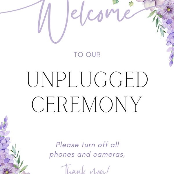 Lilac floral unplugged ceremony sign, in an elegant layout to impress your guests. Custom unplugged ceremony wedding board for unplugged wedding