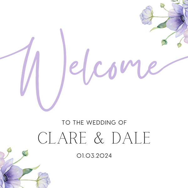 Lilac Lavender Wedding Welcome Sign - Personalised Wedding Welcome board in lilac Florals for a whimsical wedding