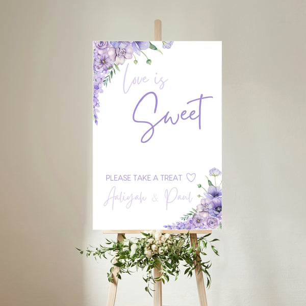 lilac and lavender wedding sweet table sign - personalised love is sweet sign