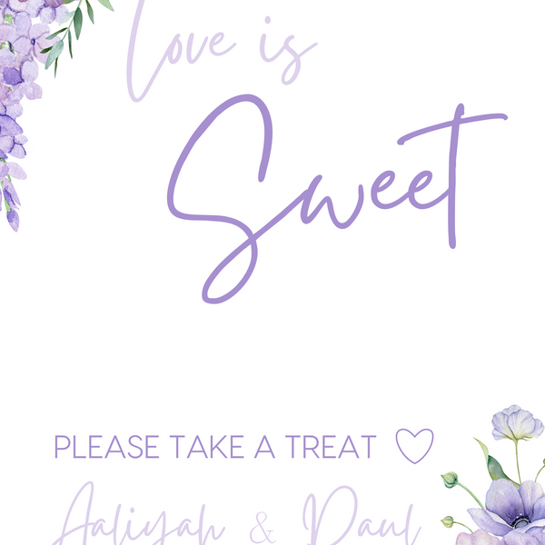 lilac and lavender wedding sweet table sign - personalised love is sweet sign