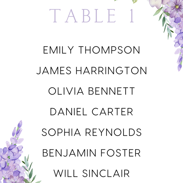 Custom Wedding Seating Plan Cards A5 or A6 – Elegant A5 or A6 wedding seating plan cards printed on 350gsm cardstock, featuring table numbers and guest names.