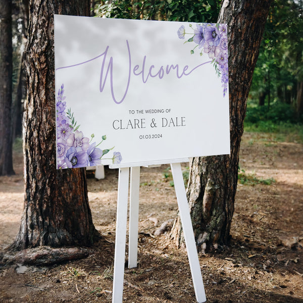 Lilac Lavender Wedding Welcome Sign - Personalised Wedding Welcome board in lilac Florals for a whimsical wedding
