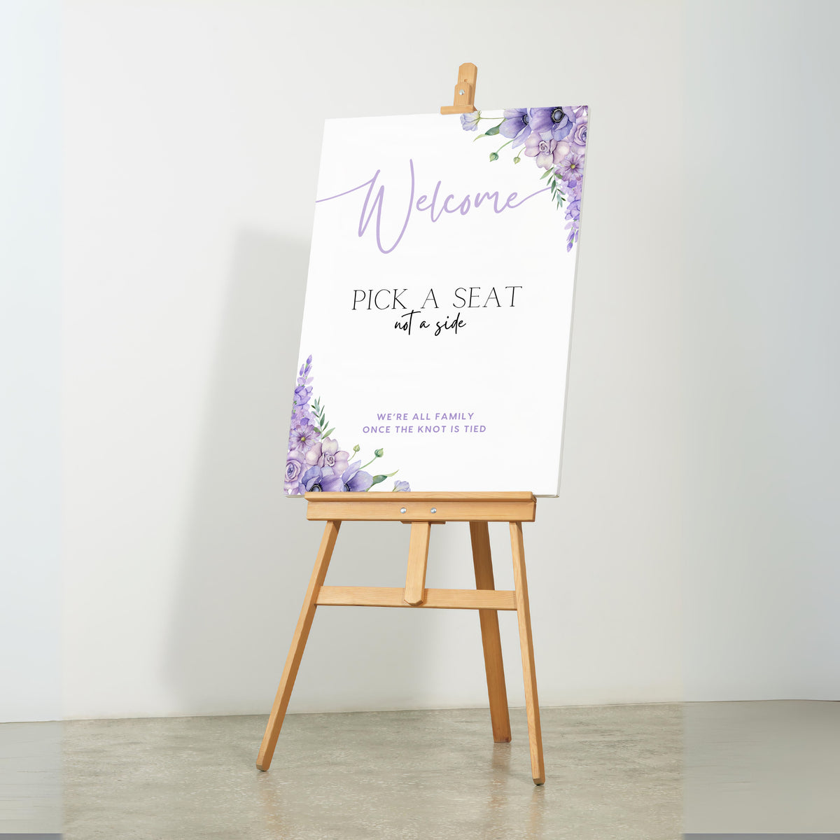 lilac lavender floral wedding pick a seat not a side sign - wedding ceremony sign, with a crisp white background and pretty lilac flowers, alongside elegant text