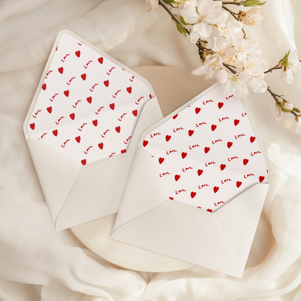 A flat lay of elegant wedding invitation envelopes, partially open to reveal beautifully designed envelope liners in various styles, including floral, modern, and classic patterns. The envelope inserts add a touch of luxury and sophistication to the stationery set.