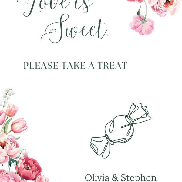 Spring Floral Sweet Table Wedding Sign - Pink Floral Wedding Signage - Pink Tulips Carnations Wedding Signs