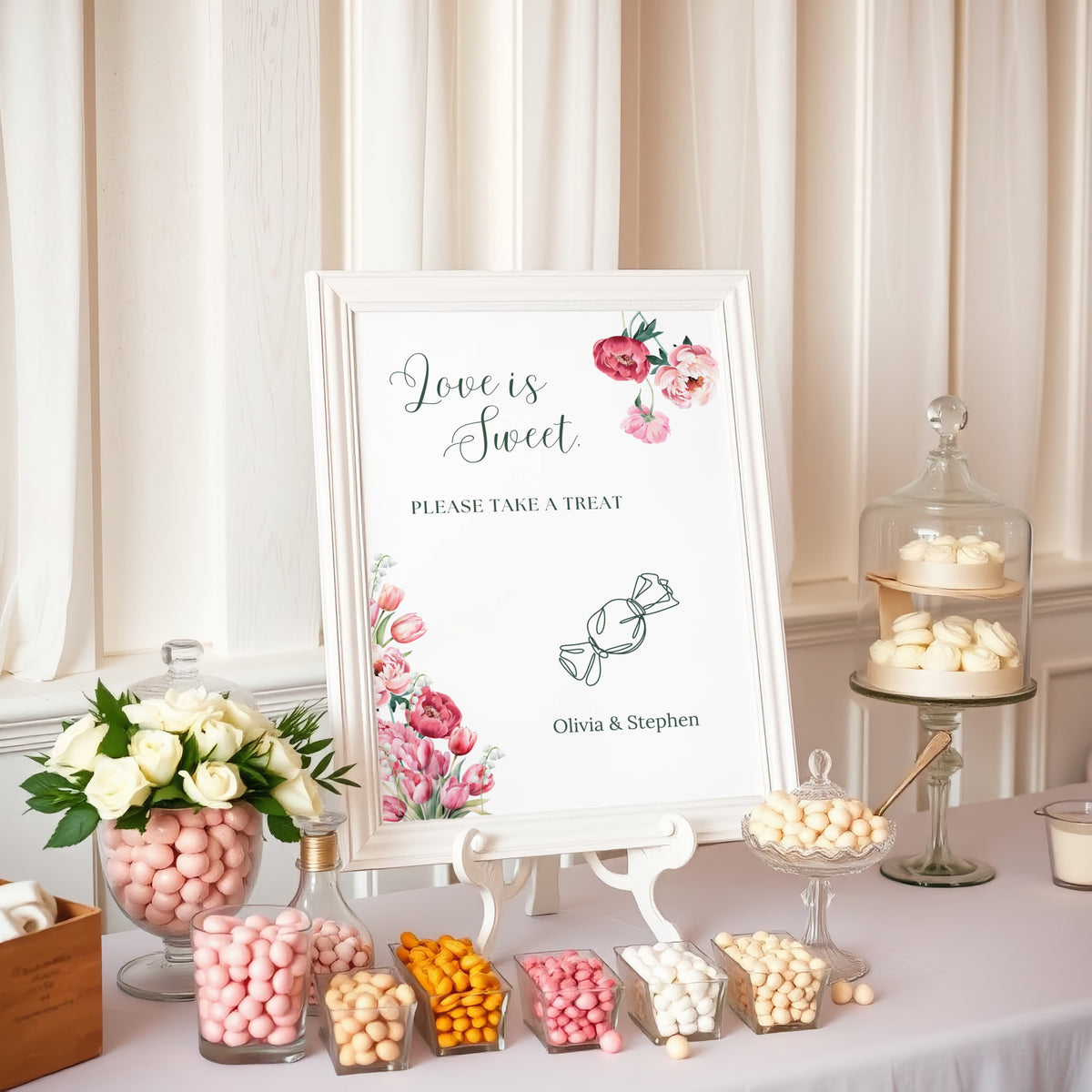 Spring Floral Sweet Table Wedding Sign - Pink Floral Wedding Signage - Pink Tulips Carnations Wedding Signs