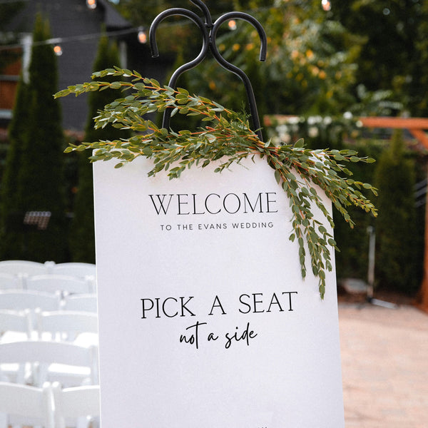 Minimalist wedding pick a seat, not a side ceremony sign - personalised wedding ceremony welcome sign, in a minimalist design, featuring a chic off-white plain background, and elegant and delicate typography