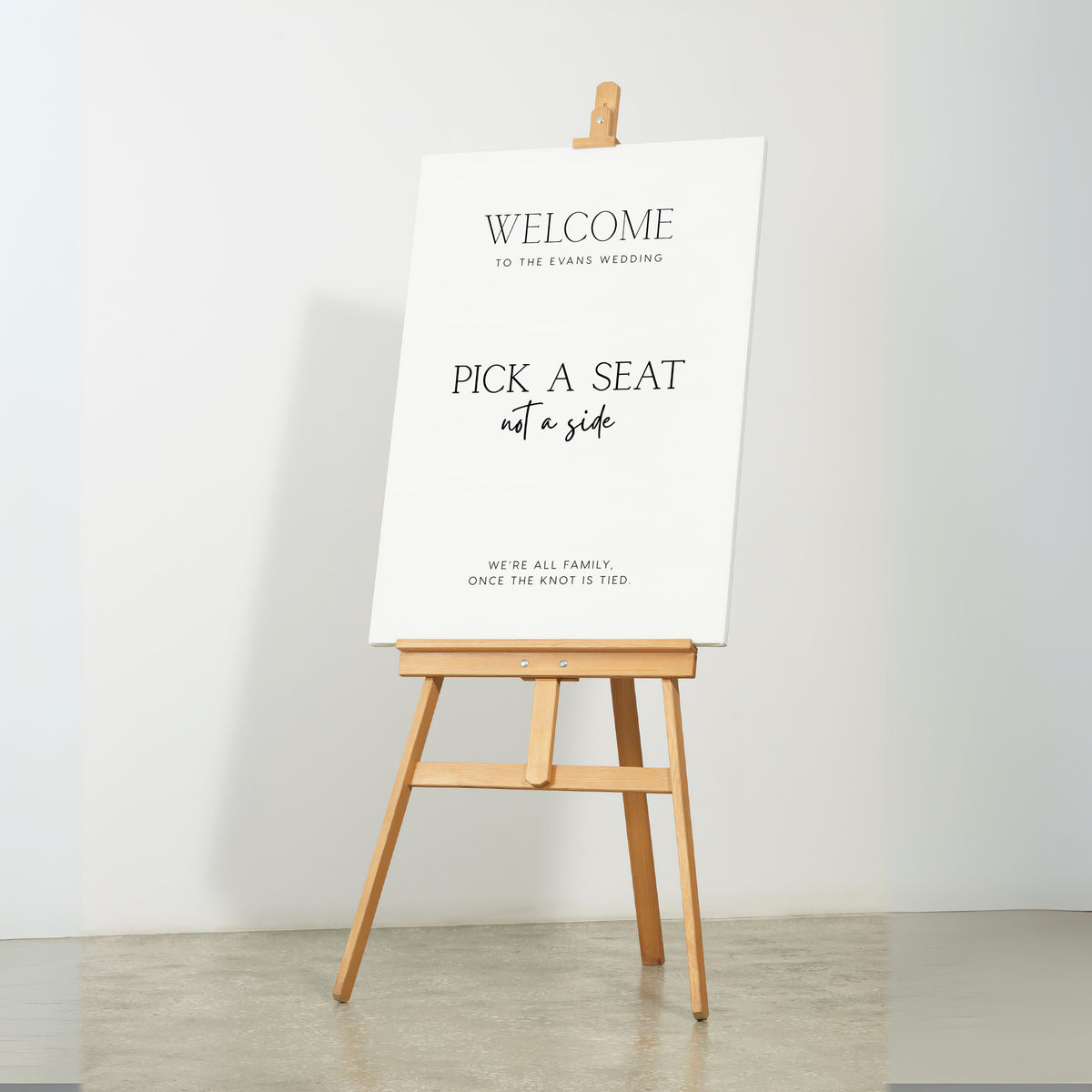 Minimalist wedding pick a seat, not a side ceremony sign - personalised wedding ceremony welcome sign, in a minimalist design, featuring a chic off-white plain background, and elegant and delicate typography