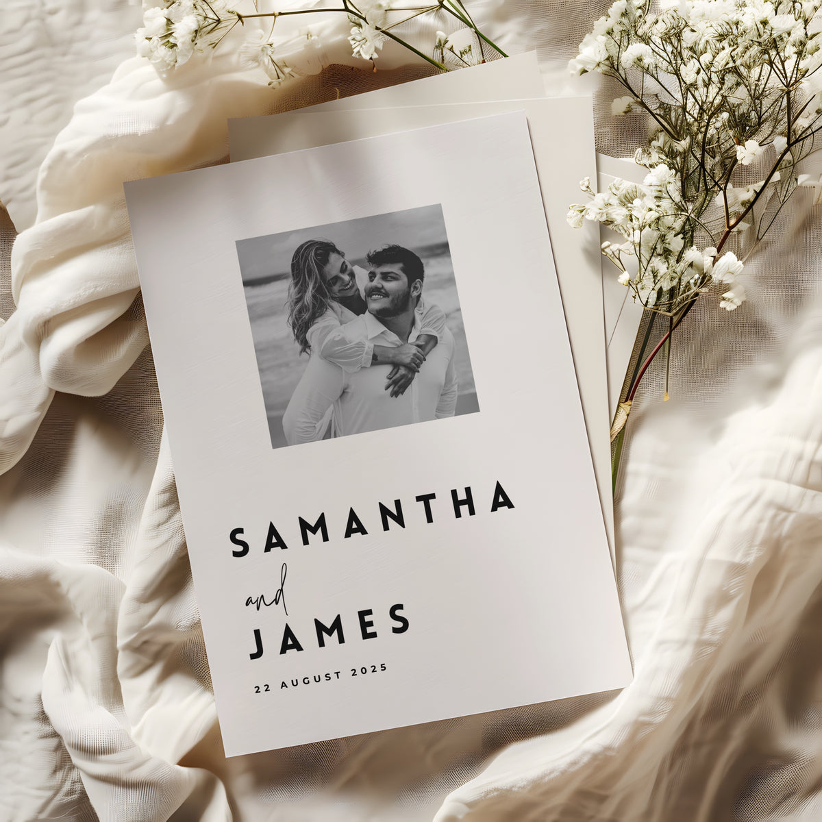 Modern wedding save the date, with bold lettering and personalised details. Luxurious and timeless save the date wedding invitations