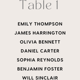 Custom Wedding Seating Plan Cards A5 or A6 – Elegant A5 or A6 wedding seating plan cards printed on 350gsm cardstock, featuring table numbers and guest names.