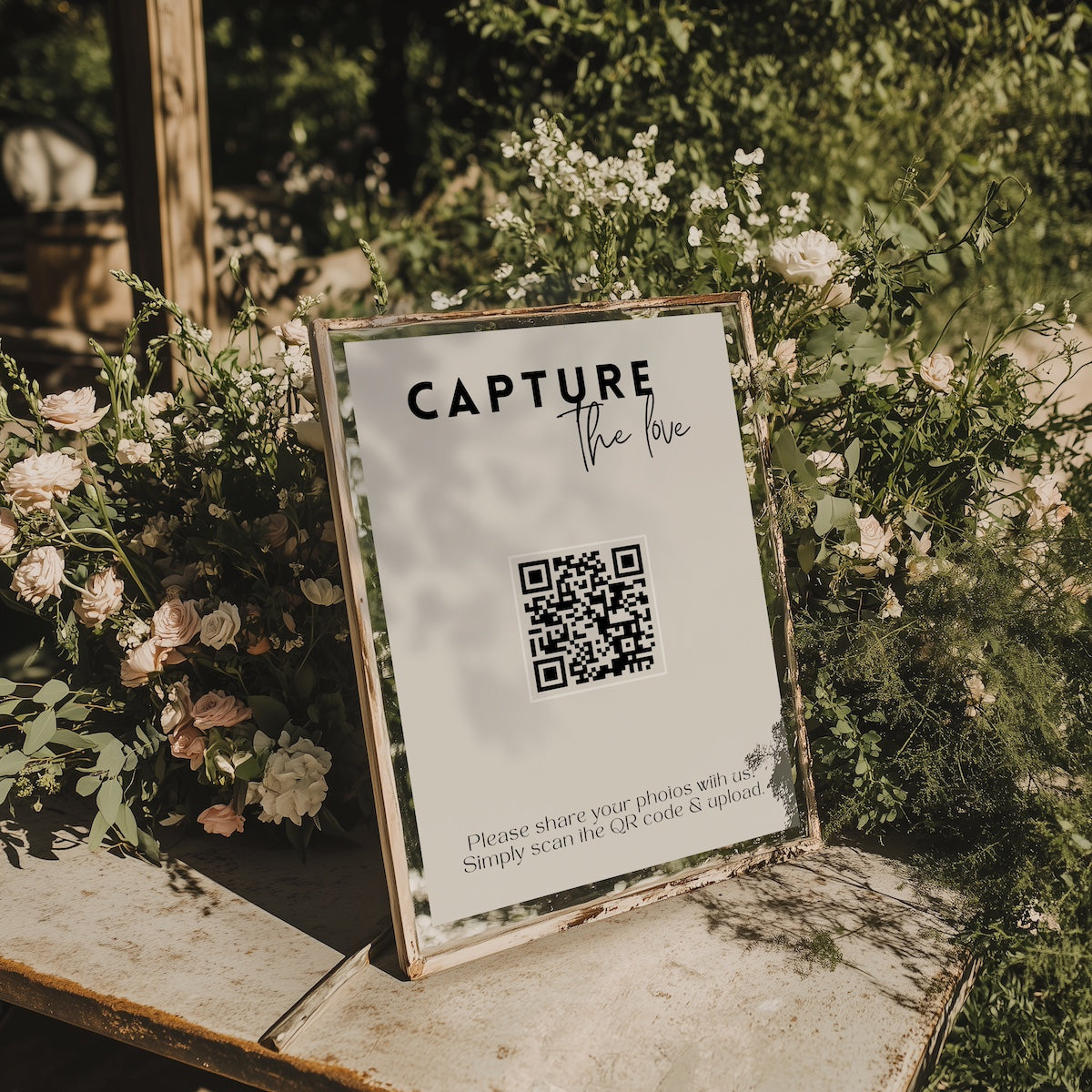 minimalist modern photo sharing qr code sign for wedding tables - luxury wedding table signage for guests to share photos