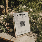 minimalist modern photo sharing qr code sign for wedding tables - luxury wedding table signage for guests to share photos