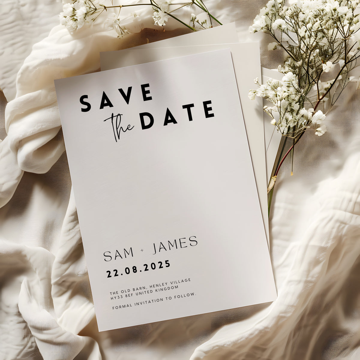 Modern wedding save the date, with bold lettering and personalised details. Luxurious and timeless save the date wedding invitations
