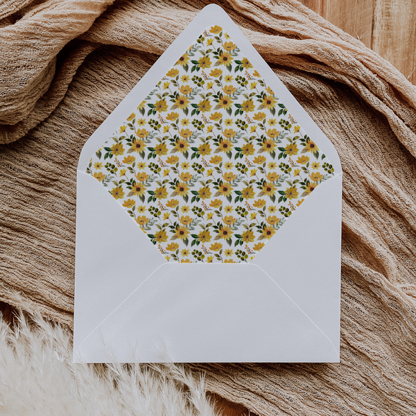 A flat lay of elegant wedding invitation envelopes, partially open to reveal beautifully designed envelope liners in various styles, including floral, modern, and classic patterns. The envelope inserts add a touch of luxury and sophistication to the stationery set.