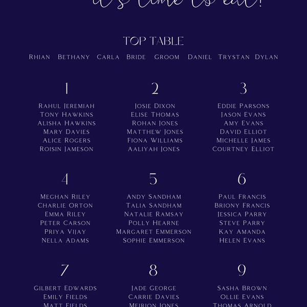 Custom Wedding Seating plan sign in navy blue colour | winter wedding take a seat sign | personalised wedding signage