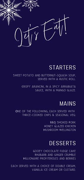 navy blue snowflakes wedding menu - custom wedding menu for winter wedding - personalised wedding menu UK
