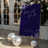 navy blue snowflakes pick a seat, not a side | winter wedding ceremony welcome sign | custom welcome board in royal blue