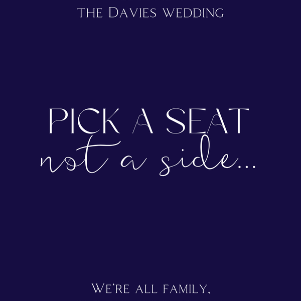 navy pick a seat, not a side | winter wedding ceremony welcome sign | custom welcome board in navy blue