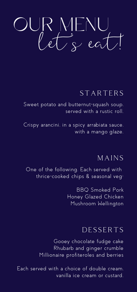 navy blue wedding menu - custom wedding menu for winter wedding - personalised wedding menu UK