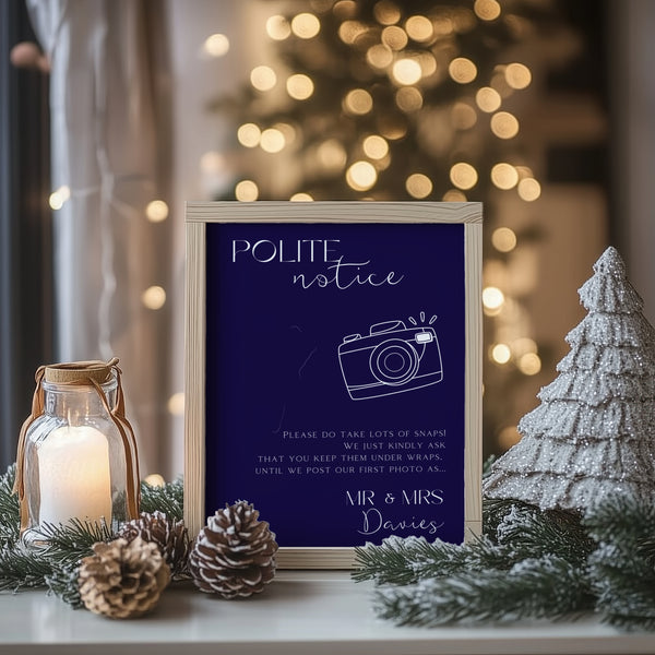 navy blue polite notice wedding sign | custom winter wedding signage | personalised wedding boards