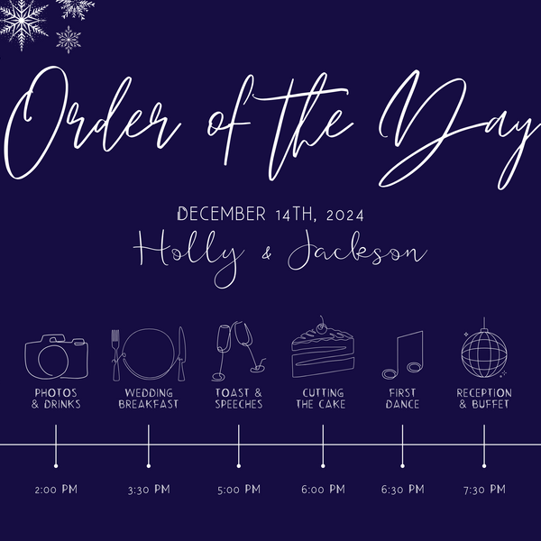 Navy Blue Winter wedding order of the day sign | custom order of events for winter wedding in navy blue