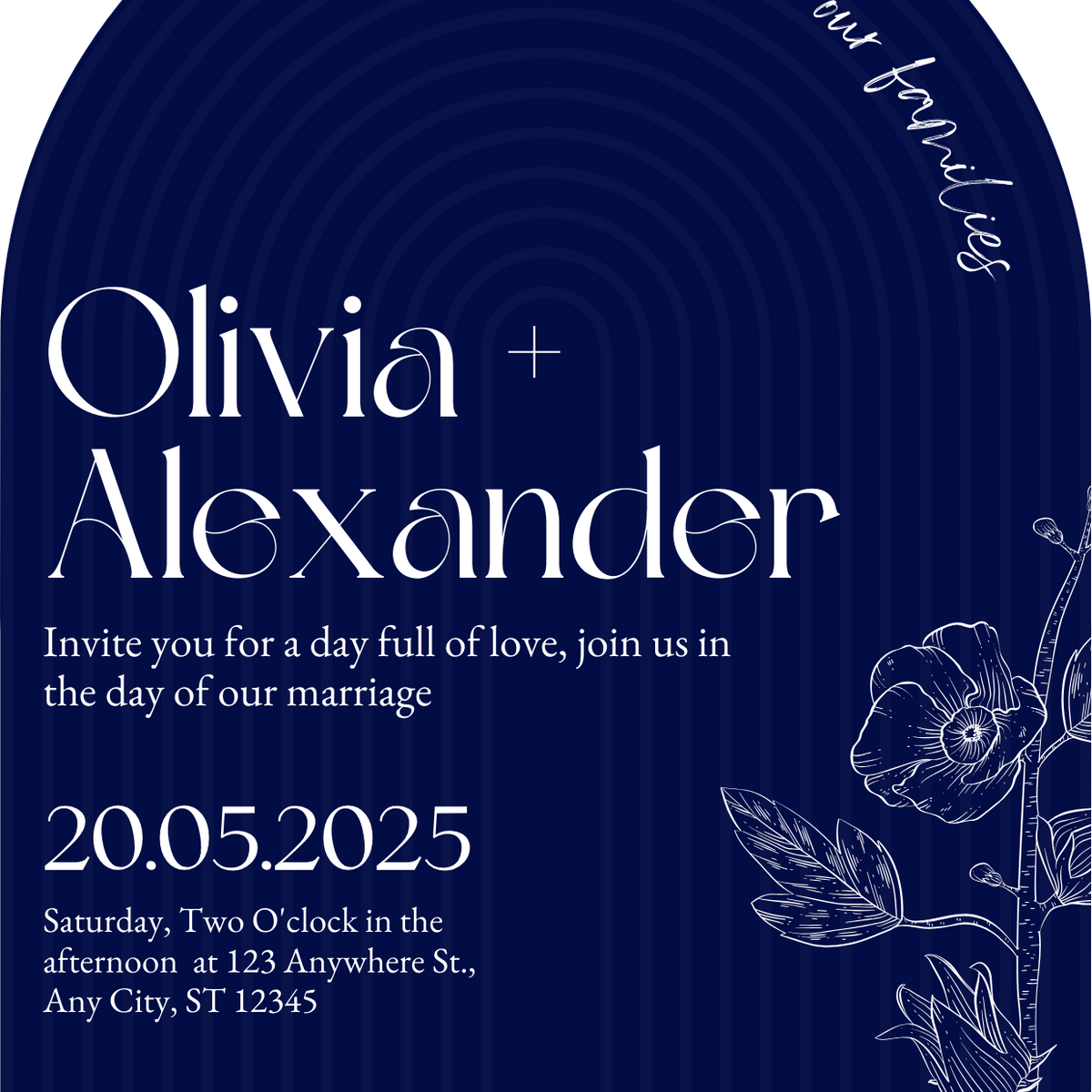 luxury arch shaped wedding invitations in navy blue - fully personalised elegant wedding invitations premium