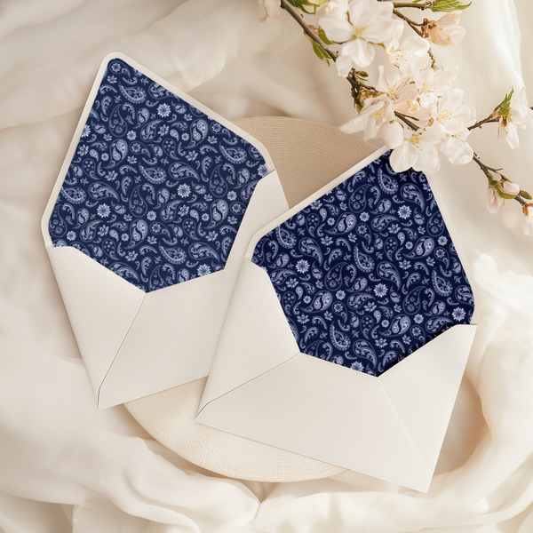 A flat lay of elegant wedding invitation envelopes, partially open to reveal beautifully designed envelope liners in various styles, including floral, modern, and classic patterns. The envelope inserts add a touch of luxury and sophistication to the stationery set.
