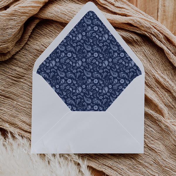 A flat lay of elegant wedding invitation envelopes, partially open to reveal beautifully designed envelope liners in various styles, including floral, modern, and classic patterns. The envelope inserts add a touch of luxury and sophistication to the stationery set.