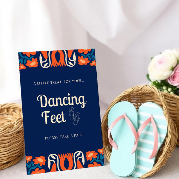 A stylish wedding sign reading "A little treat for your dancing feet, please take a pair", displayed next to a basket of flip-flops for guests. The design features elegant typography, perfect for a wedding reception.
