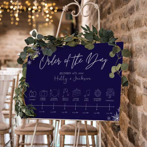 Navy Blue Winter wedding order of the day sign | custom order of events for winter wedding in navy blue