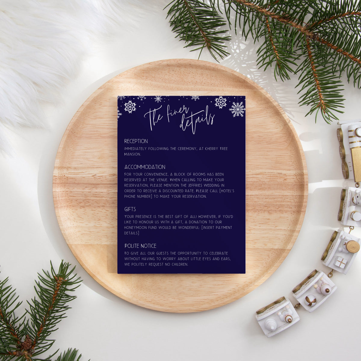 navy blue snowflakes wedding invites - custom wedding invites uk - personalised wedding invitations for winter wedding