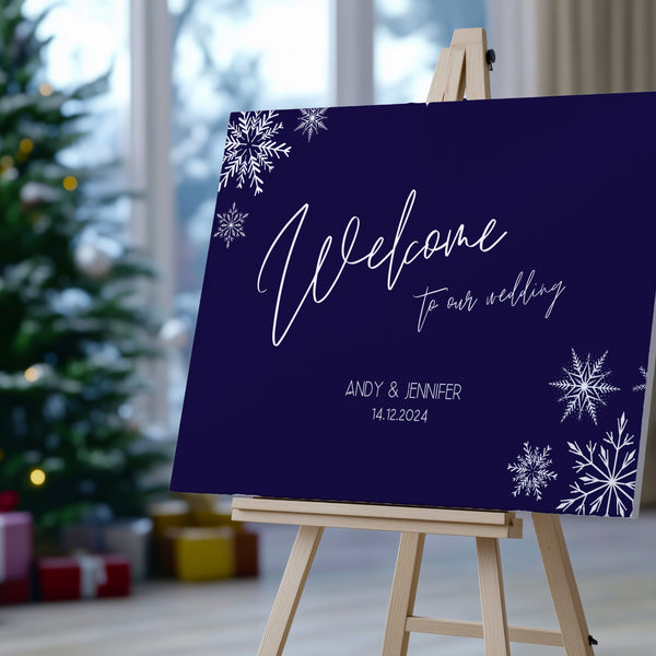 navy blue welcome sign - snowflakes winter wedding welcome sign - personalised wedding signage