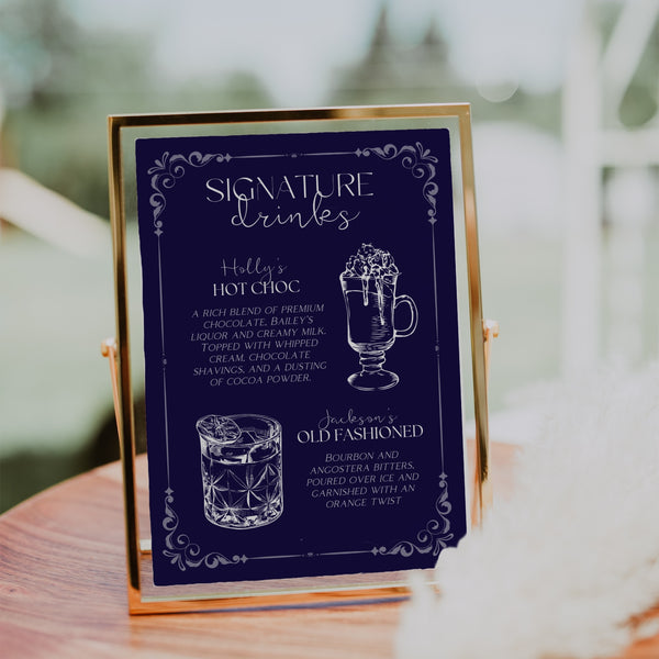 navy blue signature drinks sign for wedding - his and hers signature drinks - wedding signature cocktails sign uk