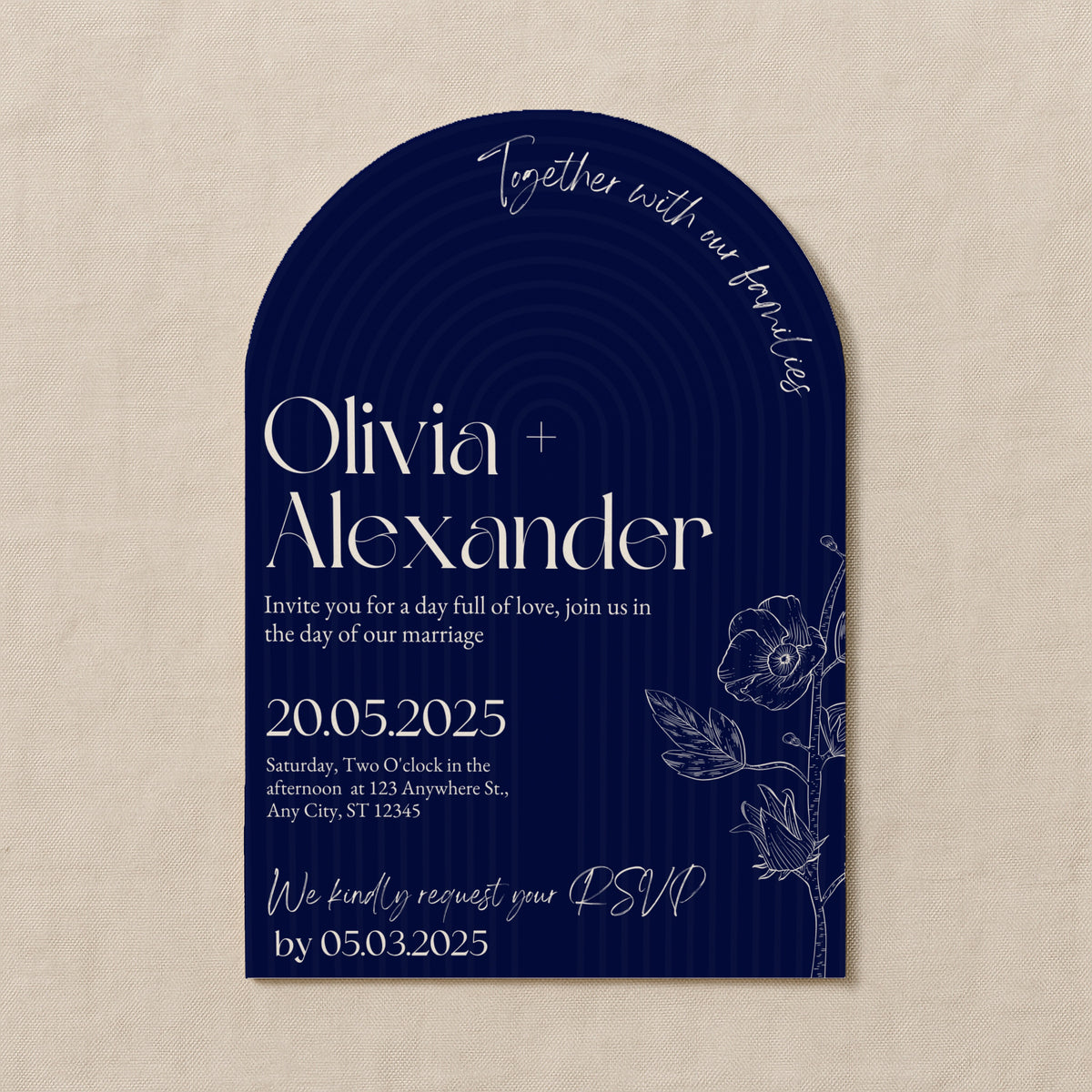 luxury arch shaped wedding invitations in navy blue - fully personalised elegant wedding invitations premium