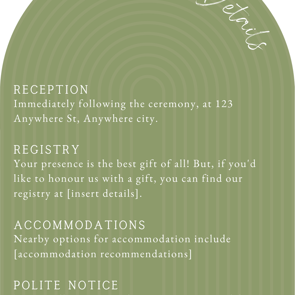 luxury arch shaped wedding invitations in olive green - fully personalised elegant wedding invitations premium