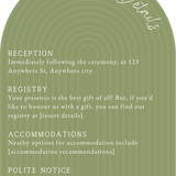 luxury arch shaped wedding invitations in olive green - fully personalised elegant wedding invitations premium