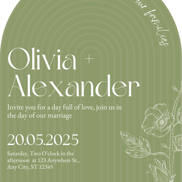 luxury arch shaped wedding invitations in olive green - fully personalised elegant wedding invitations premium