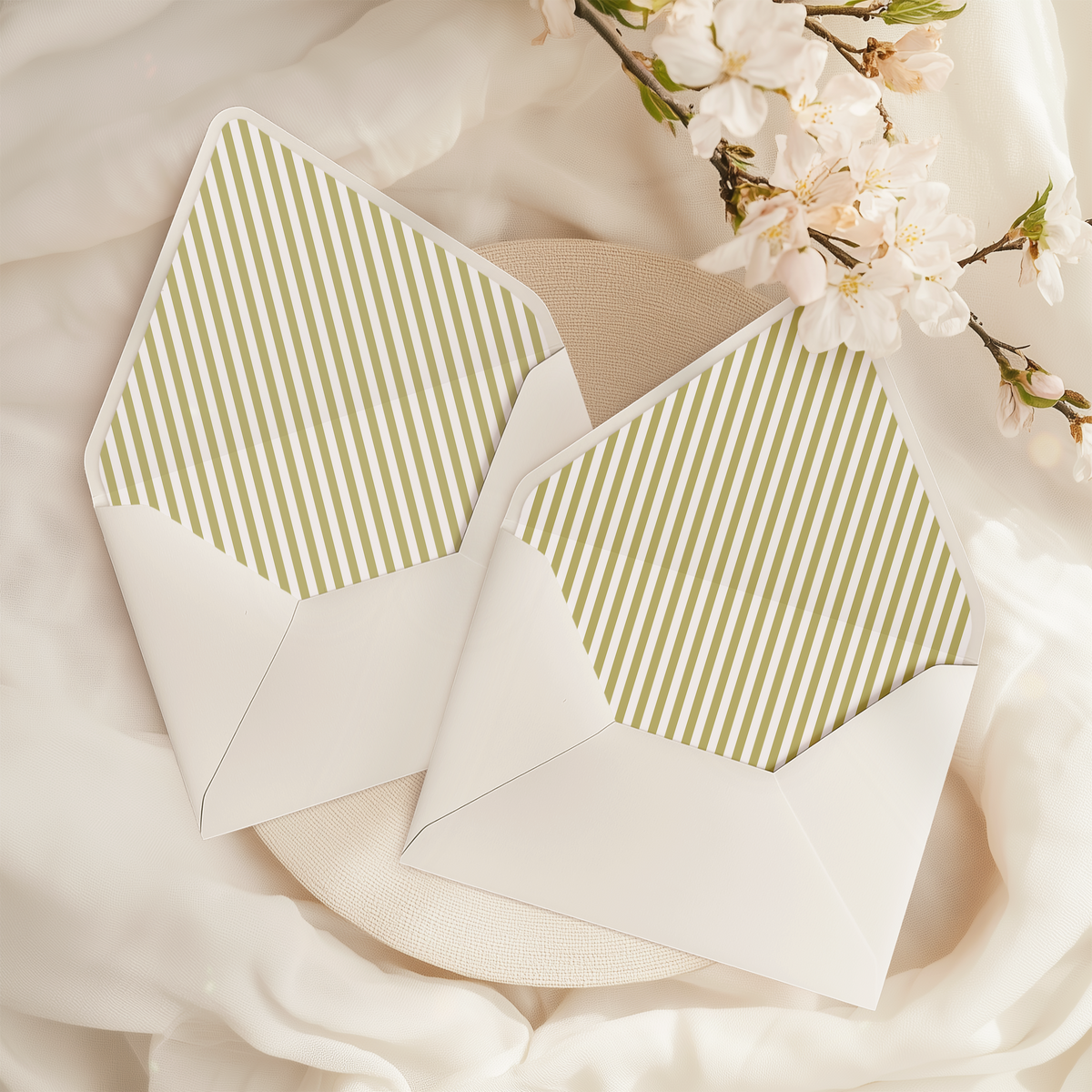 A flat lay of elegant wedding invitation envelopes, partially open to reveal beautifully designed envelope liners in various styles, including floral, modern, and classic patterns. The envelope inserts add a touch of luxury and sophistication to the stationery set.
