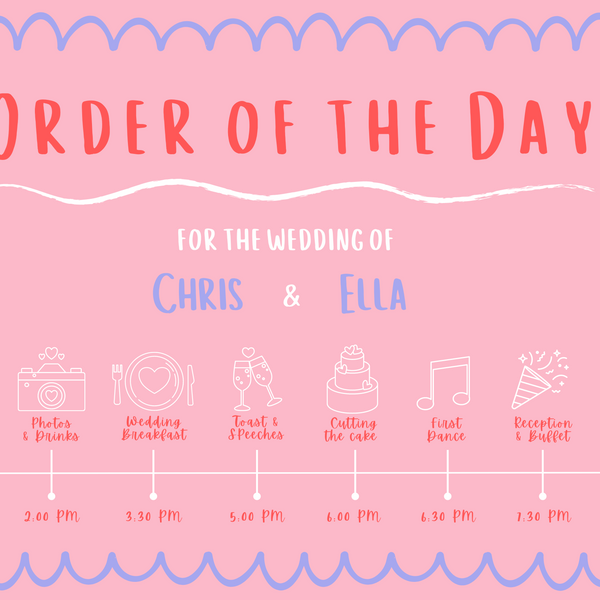 pink and red abstract order of the day weddign sign - personalised wedding signs