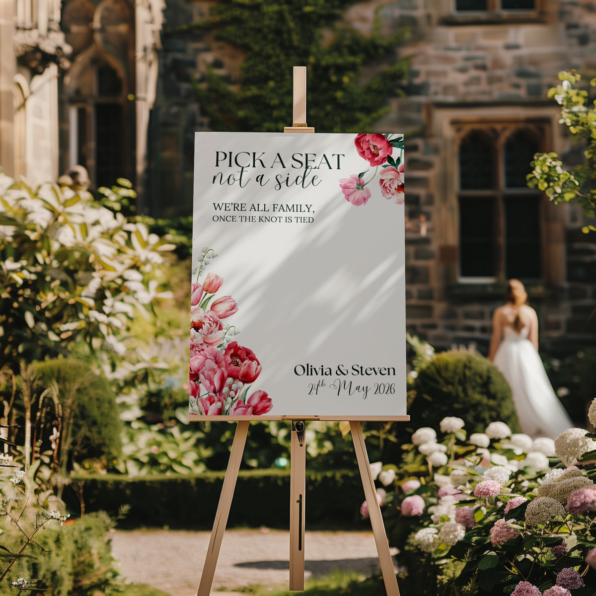Spring Floral Pick A Seat Not A Side Wedding Sign - Pink Floral Wedding Signage - Pink Tulips Carnations Wedding Signs