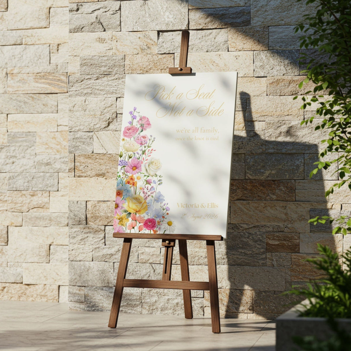 Pick a Seat Not a Side Wedding Welcome Sign - Our Summer Collection features beautiful wedding stationery and signage with gentle summer colours, vibrant florals, and soft butter yellow text – perfect for adding a fresh, romantic feel to your special day.