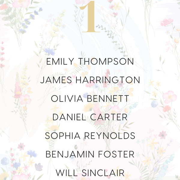 Custom Wedding Seating Plan Cards A5 or A6 – Elegant A5 or A6 wedding seating plan cards printed on 350gsm cardstock, featuring table numbers and guest names.