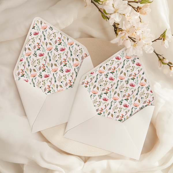 A flat lay of elegant wedding invitation envelopes, partially open to reveal beautifully designed envelope liners in various styles, including floral, modern, and classic patterns. The envelope inserts add a touch of luxury and sophistication to the stationery set.