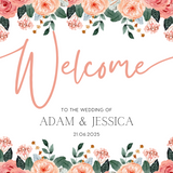 Peach and pink floral wedding welcome sign for a bright and happy wedding - personalised wedding board with custom names and date