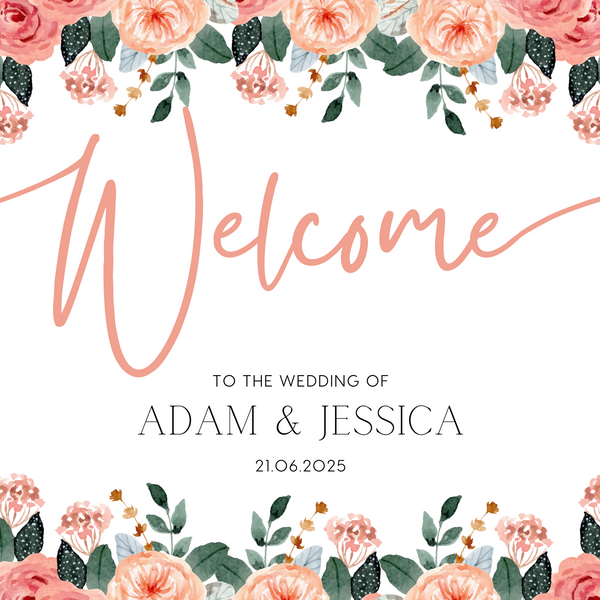 Peach and pink floral wedding welcome sign for a bright and happy wedding - personalised wedding board with custom names and date