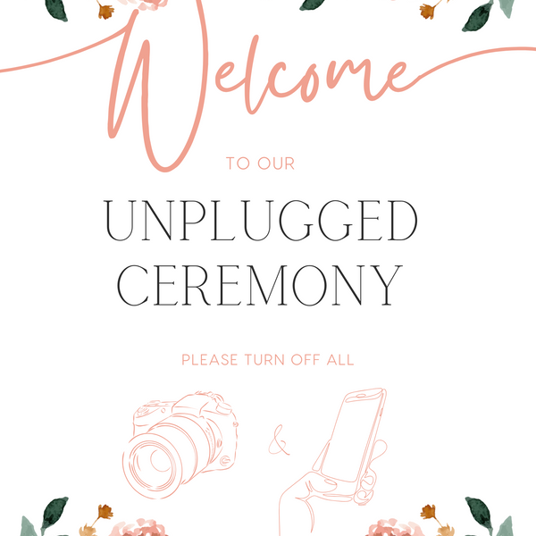peach floral unplugged wedding ceremony sign - an elegant wedding unplugged ceremony sign, adorned with charming peach florals, to perfectly accompany a joyous wedding.