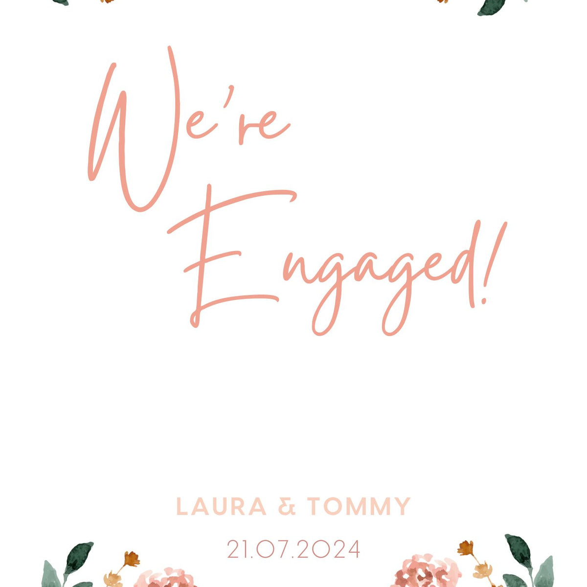 Custom Peach & Pink Floral "We're Engaged!" Engagement Party Sign