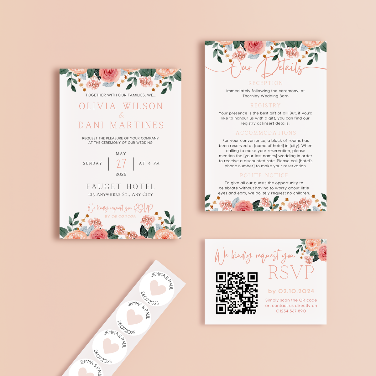 peach pink floral wedding stationery essentials bundle - wedding stationery bundle customised - wedding invites bundle with rsvp - personalised wedding invites rsvp bundle