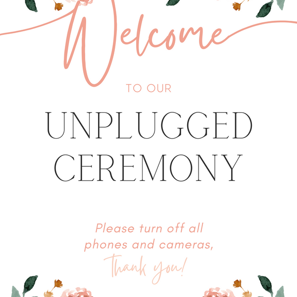 peach floral unplugged wedding ceremony sign - an elegant wedding unplugged ceremony sign, adorned with charming peach florals, to perfectly accompany a joyous wedding.