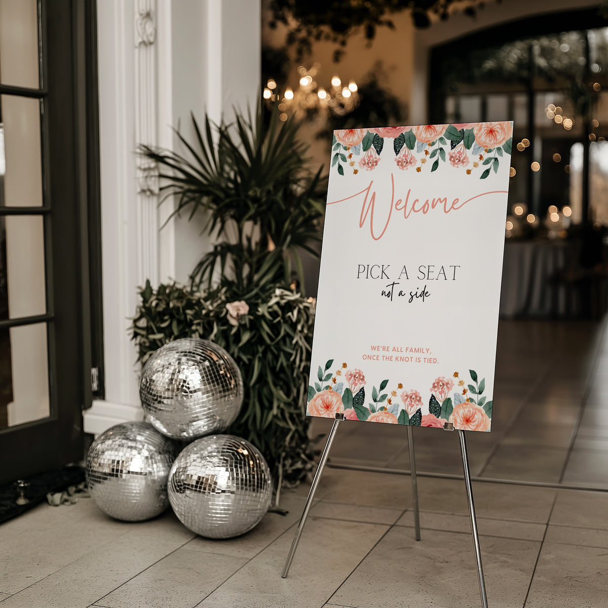 peach floral pick a seat not a side wedding ceremony sign - a personalised "pick  seat, not a side" wedding welcome sign, with a crisp white background and elegant blush peach text, adorned with soft pastel peach floral blooms